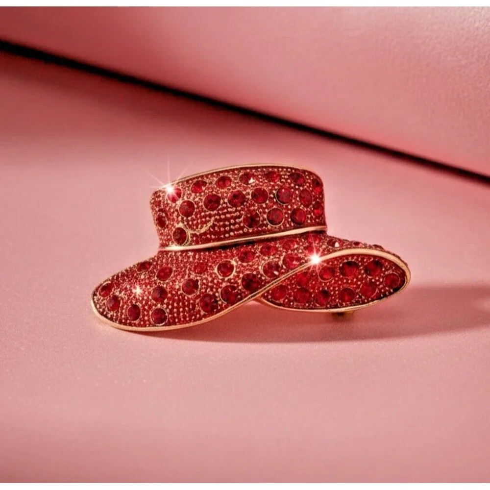 Vintage Red Rhinestone Hat Brooch 2” Gold Tone Crystal Cowboy Hat Pin